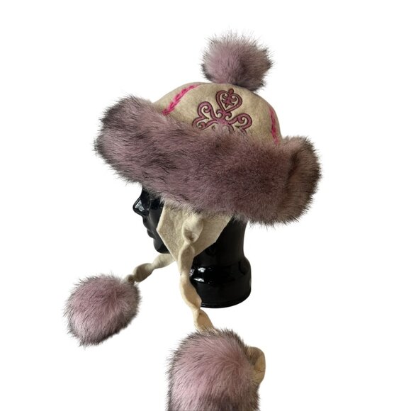 Vintage Pink Embroidered Wool Hat With Faux Fur Pom Poms - Picture 1 of 6